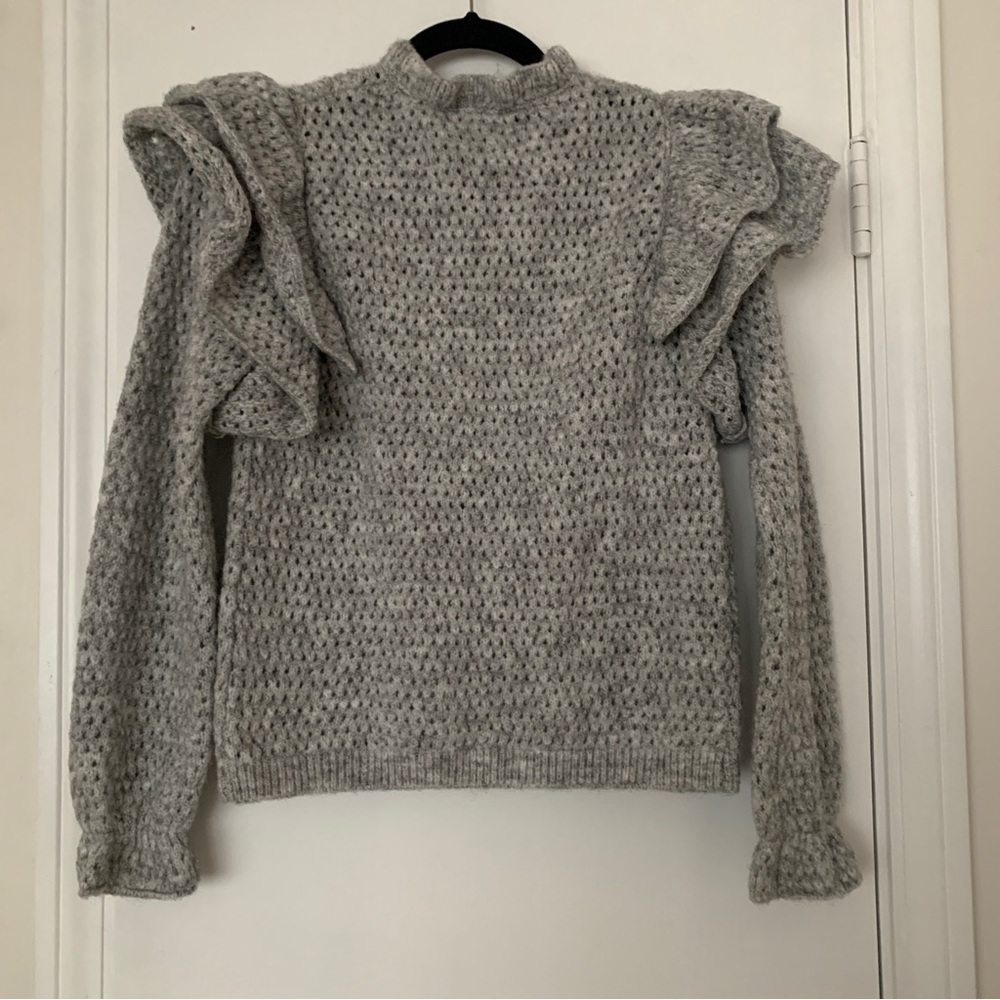 Knit Gray Mock Neck Ruffled Sleeve Sweater